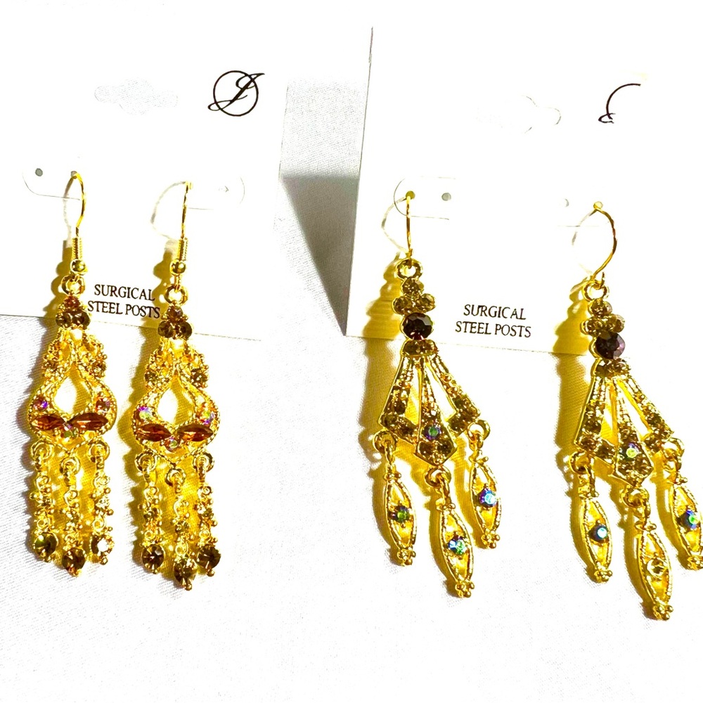 Set of 2! Vintage Gold Chandelier Rhinestone Earrings